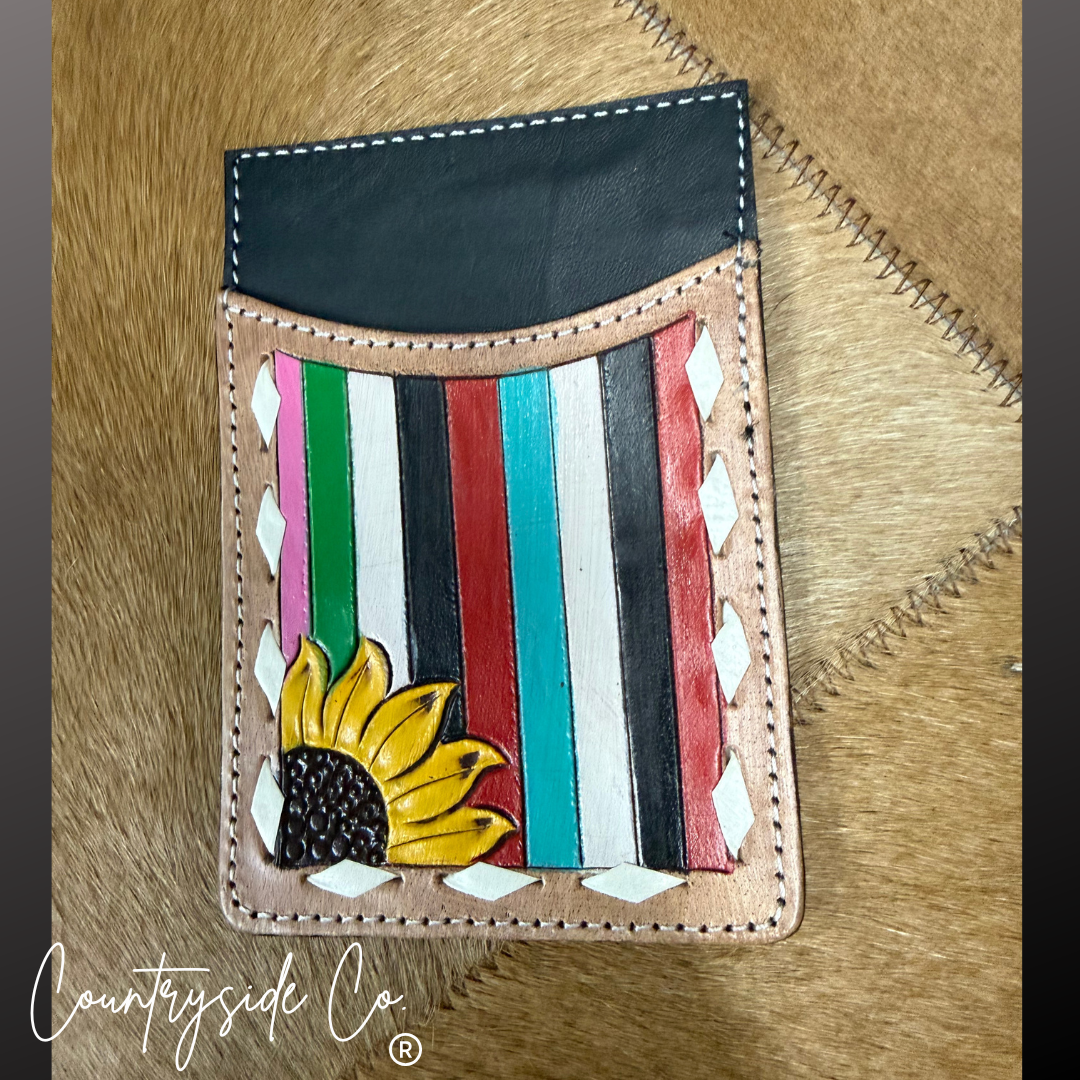 Sunflower Tooled Leather Credit Card Holder