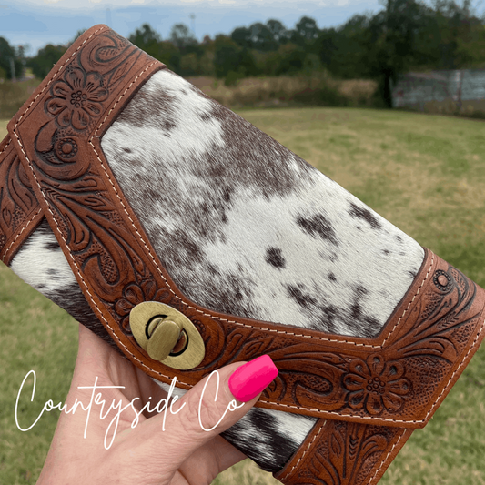 Western cowhide tooled leather wallet