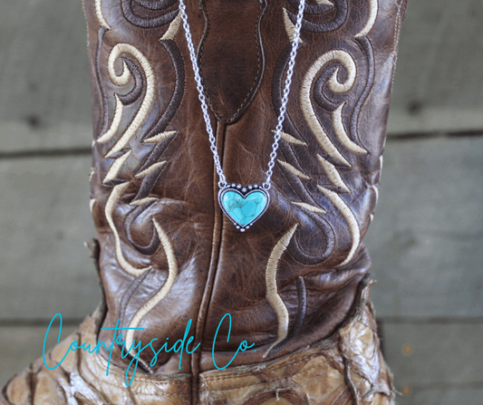 Western boho silver faux turquoise heart necklace