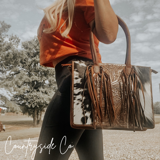 Jesse Cowhide and Tooled Leather Bag by Countryside Co.