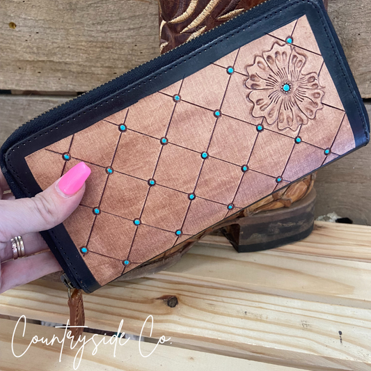 Turquoise Pearl Tooled Leather Wallet by Countryside Co.