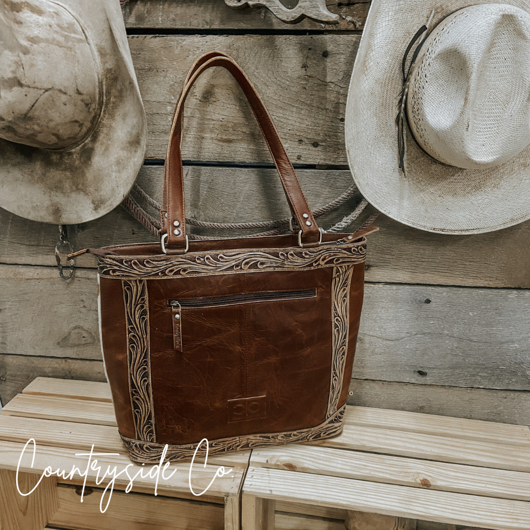 Lucille Cowhide and Tooled Leather Tote  Bag