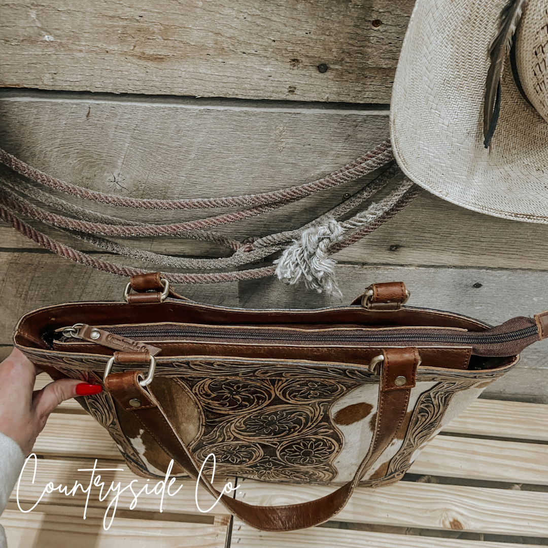 Lucille Cowhide and Tooled Leather Tote  Bag