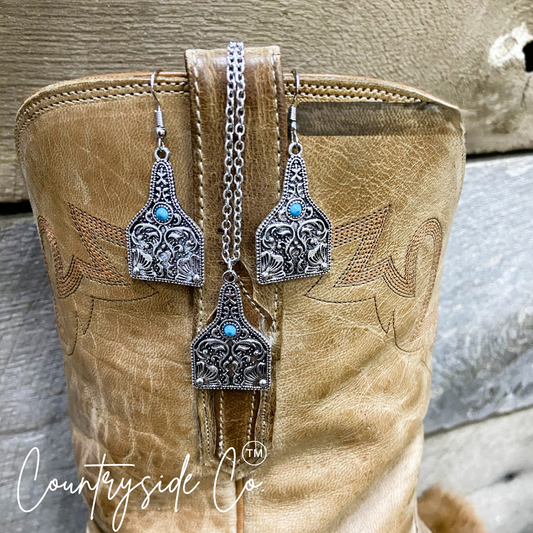 Tooled Silver Cowtag Earrings and Necklace