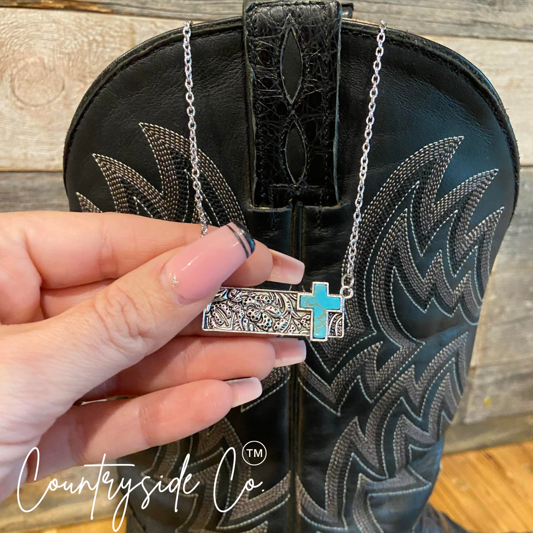 Turquoise Cross Tooled Bar Silver Necklace