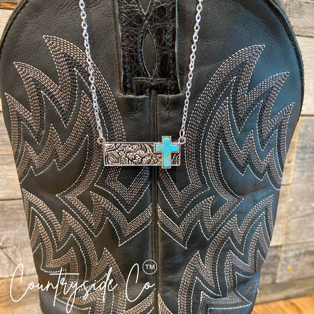 Turquoise Cross Tooled Bar Silver Necklace
