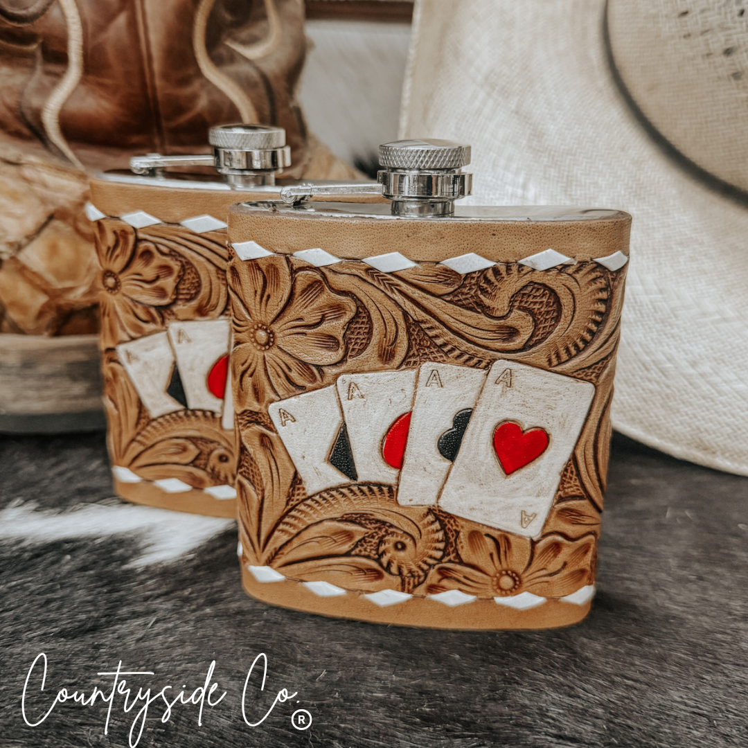 Gambler Tooled  Leather Flask by Countryside Co.