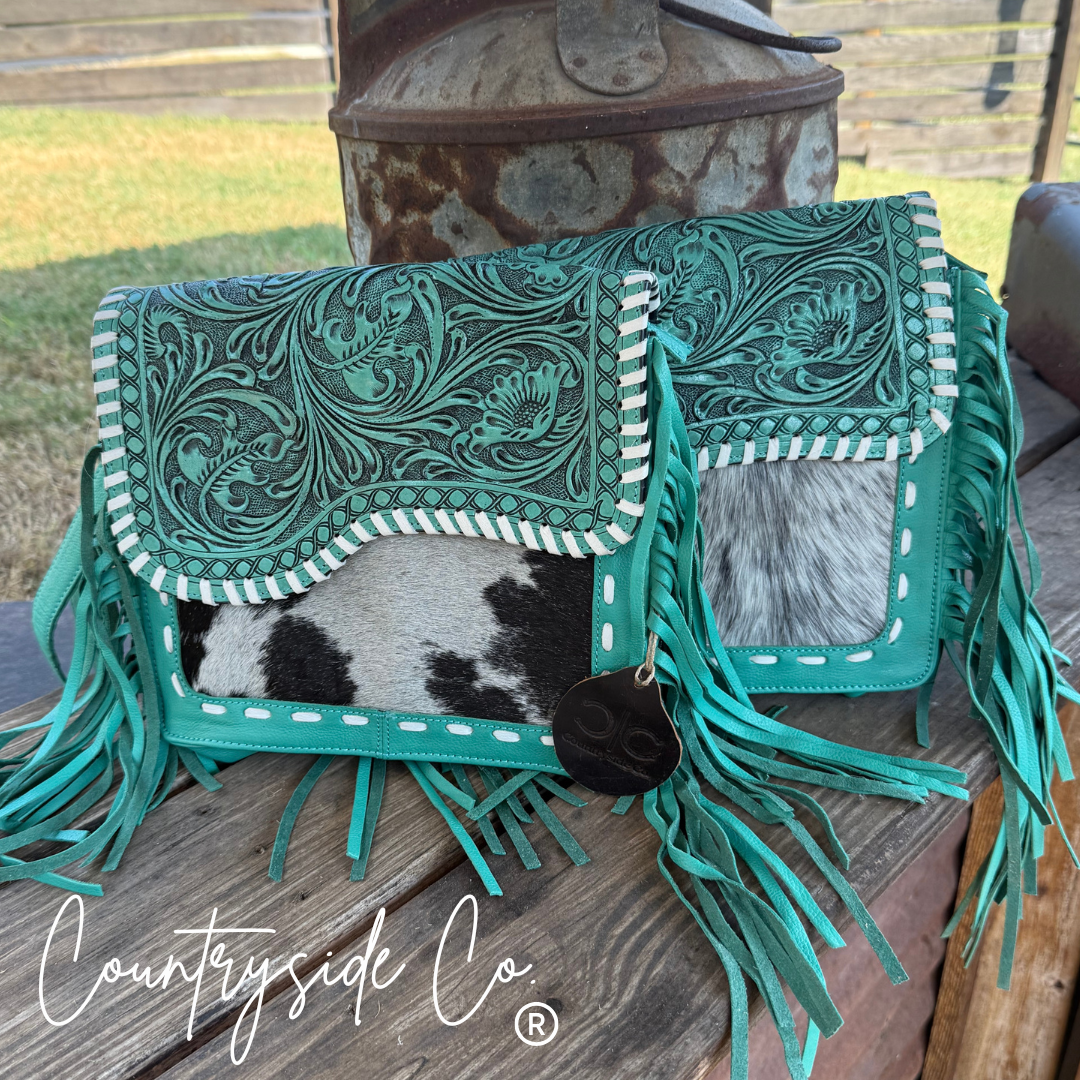 Turquoise Tooled Leather and Cowhide Purse