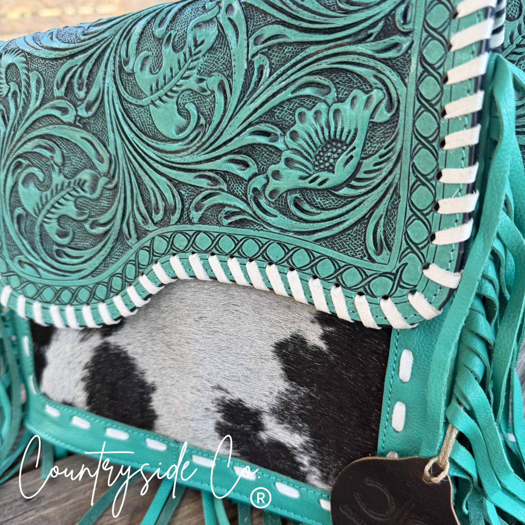 Turquoise Tooled Leather and Cowhide Purse