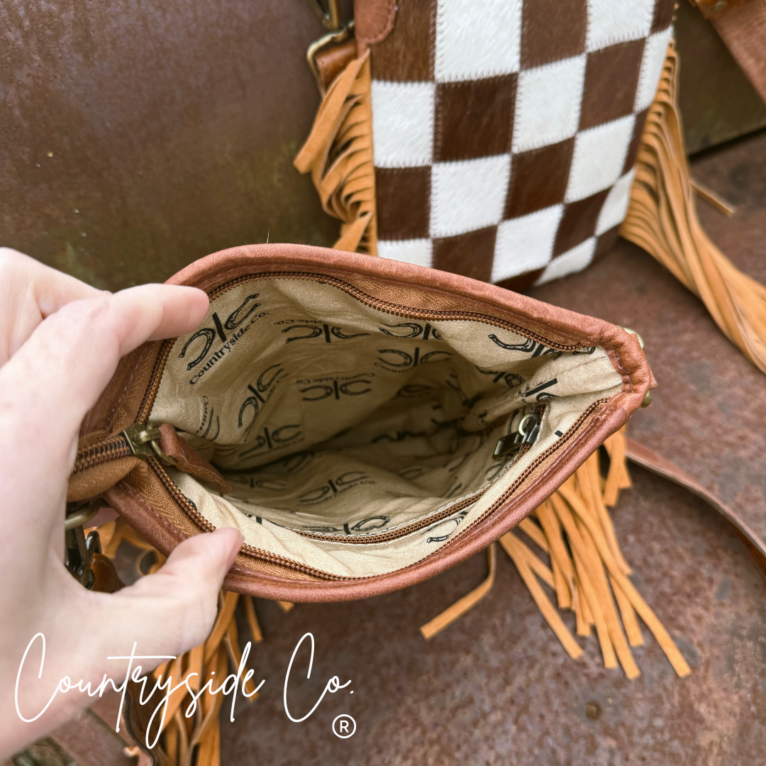Dixie Checkered Cowhide Fringe Purse