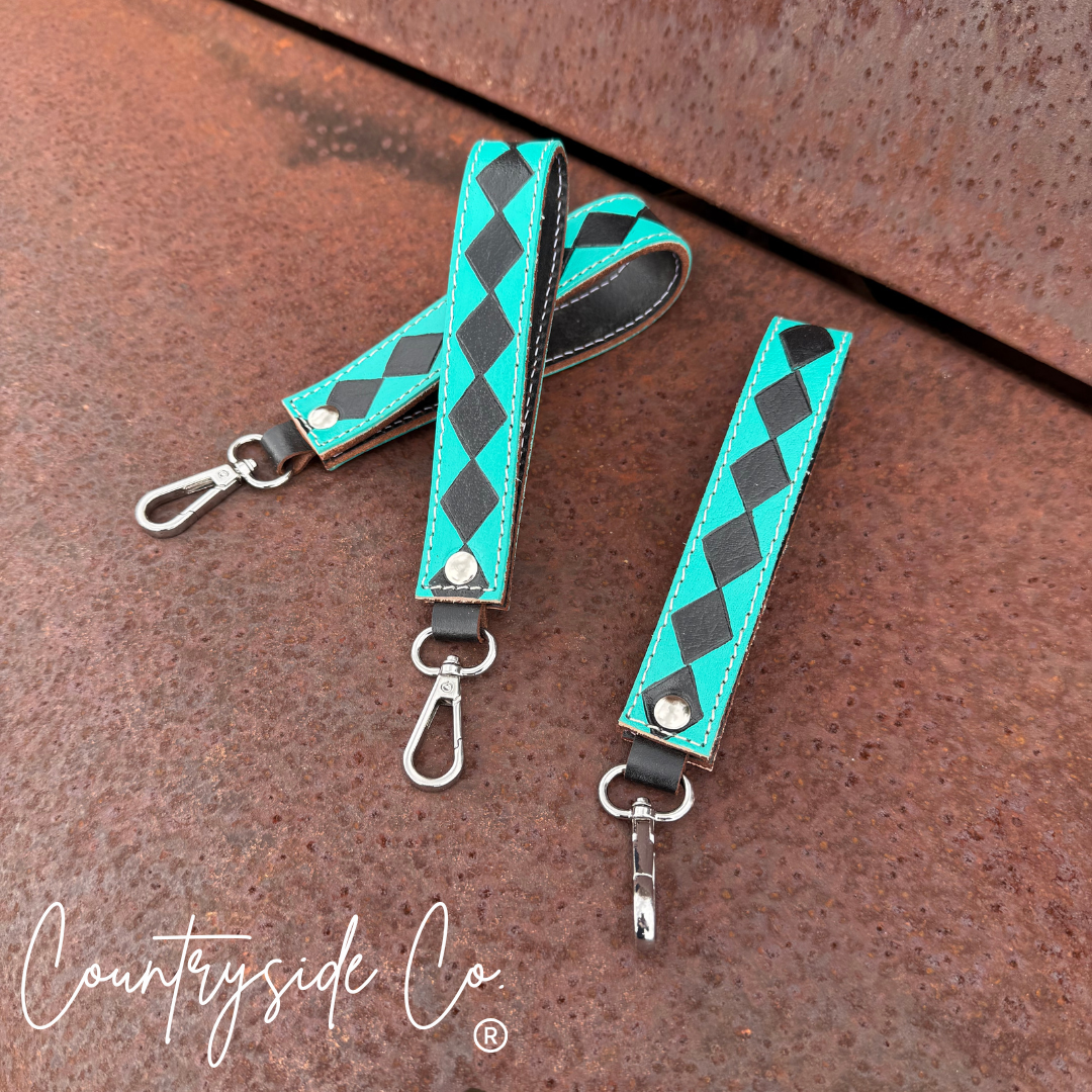 Turquoise Checkered Leather Keychain Wristlet