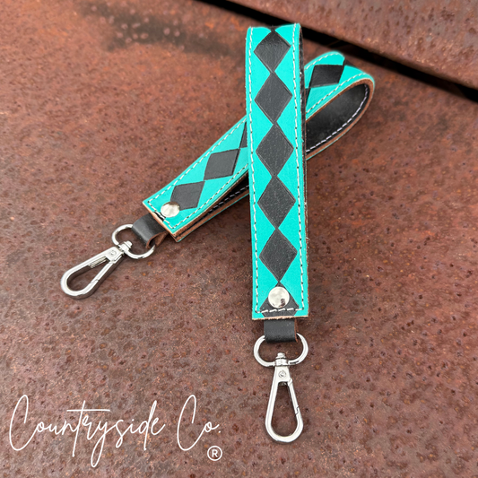 Turquoise Checkered Leather Keychain Wristlet