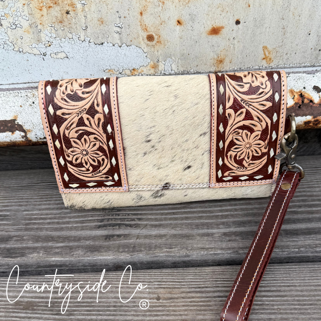 Frontier Cowhide Tooled Leather Wallet Wristlet