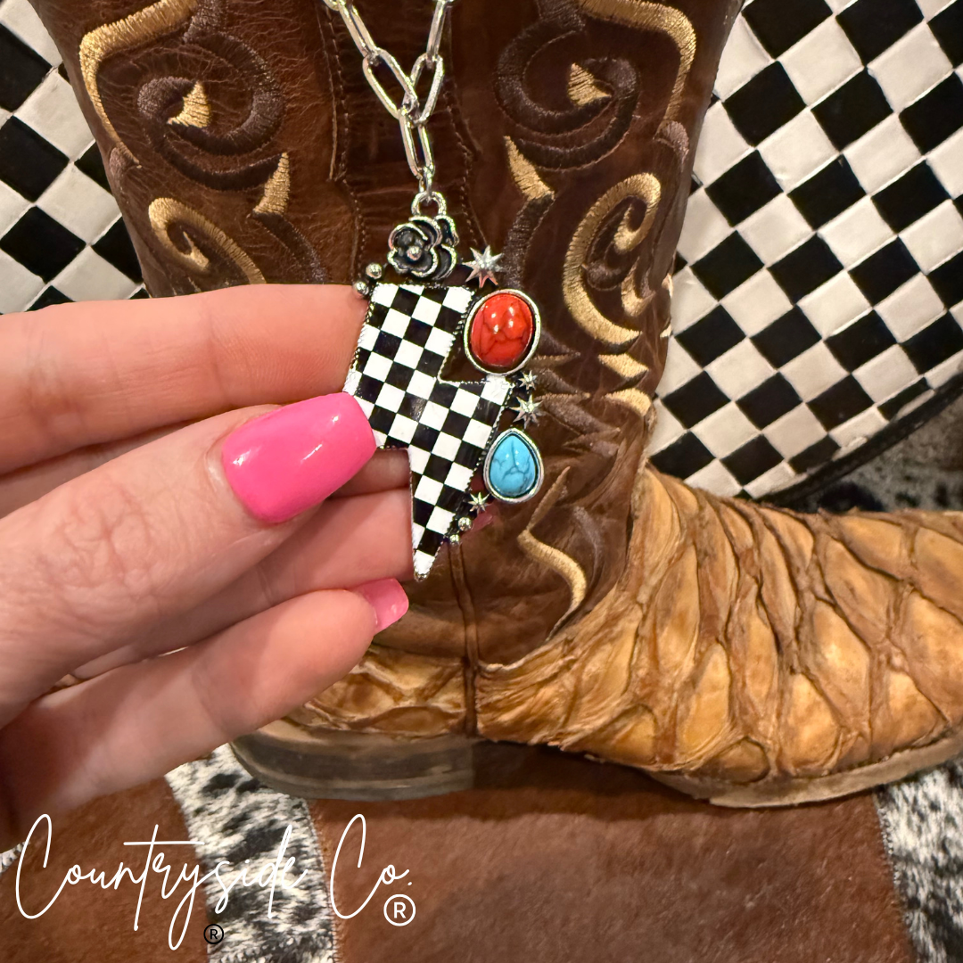 Checkered Bolt Turquoise Accent Necklace