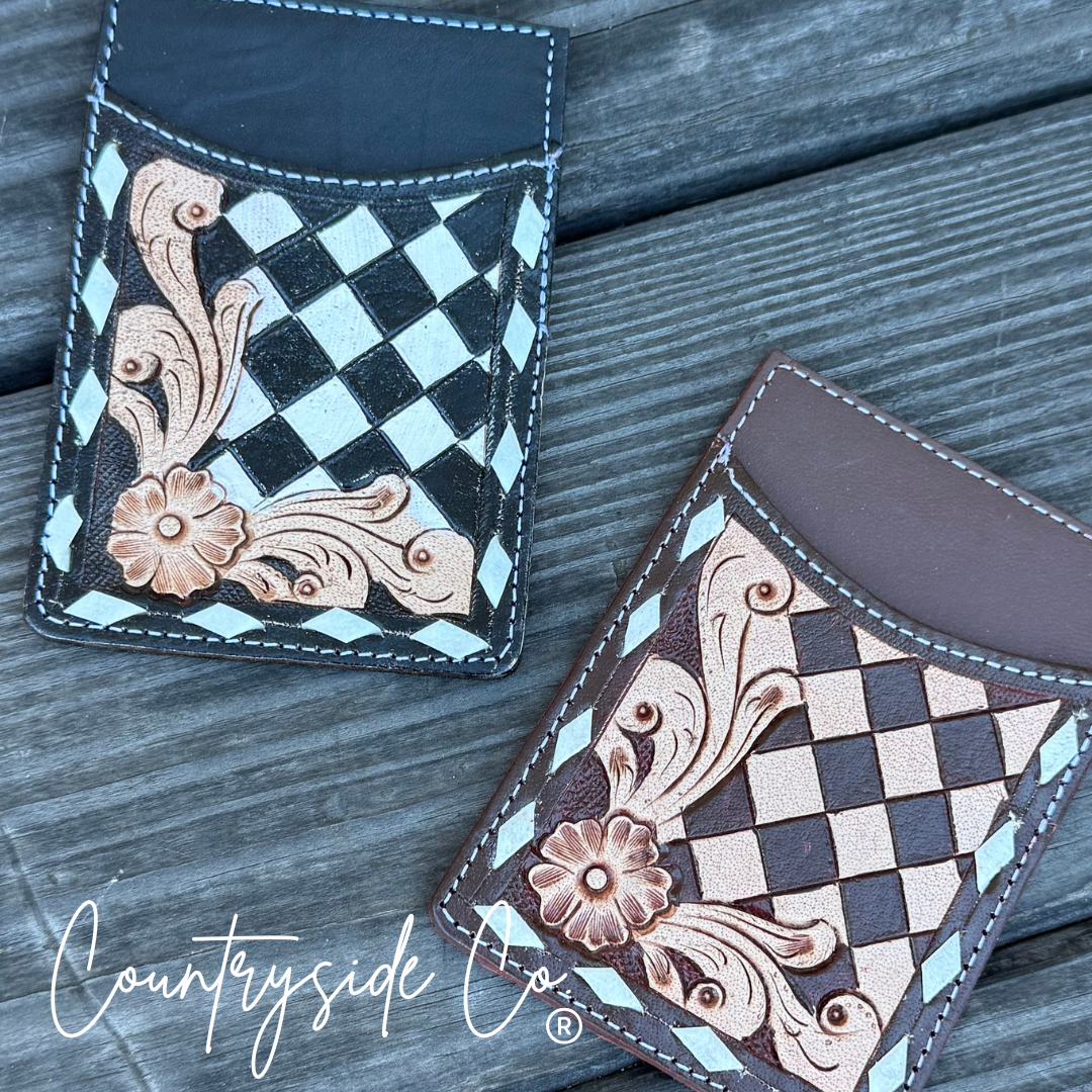 Checkered Tooled Leather Credit Card Holder