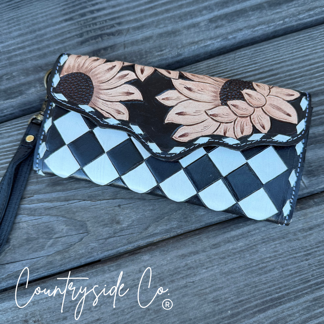 Sunflower Checkered Wallet Wristlet