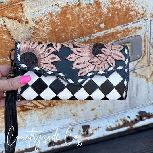 Sunflower Checkered Wallet Wristlet