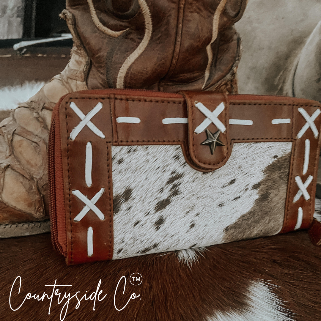 Lone Star Cross stitched Cowhide Wallet by Countryside Co.