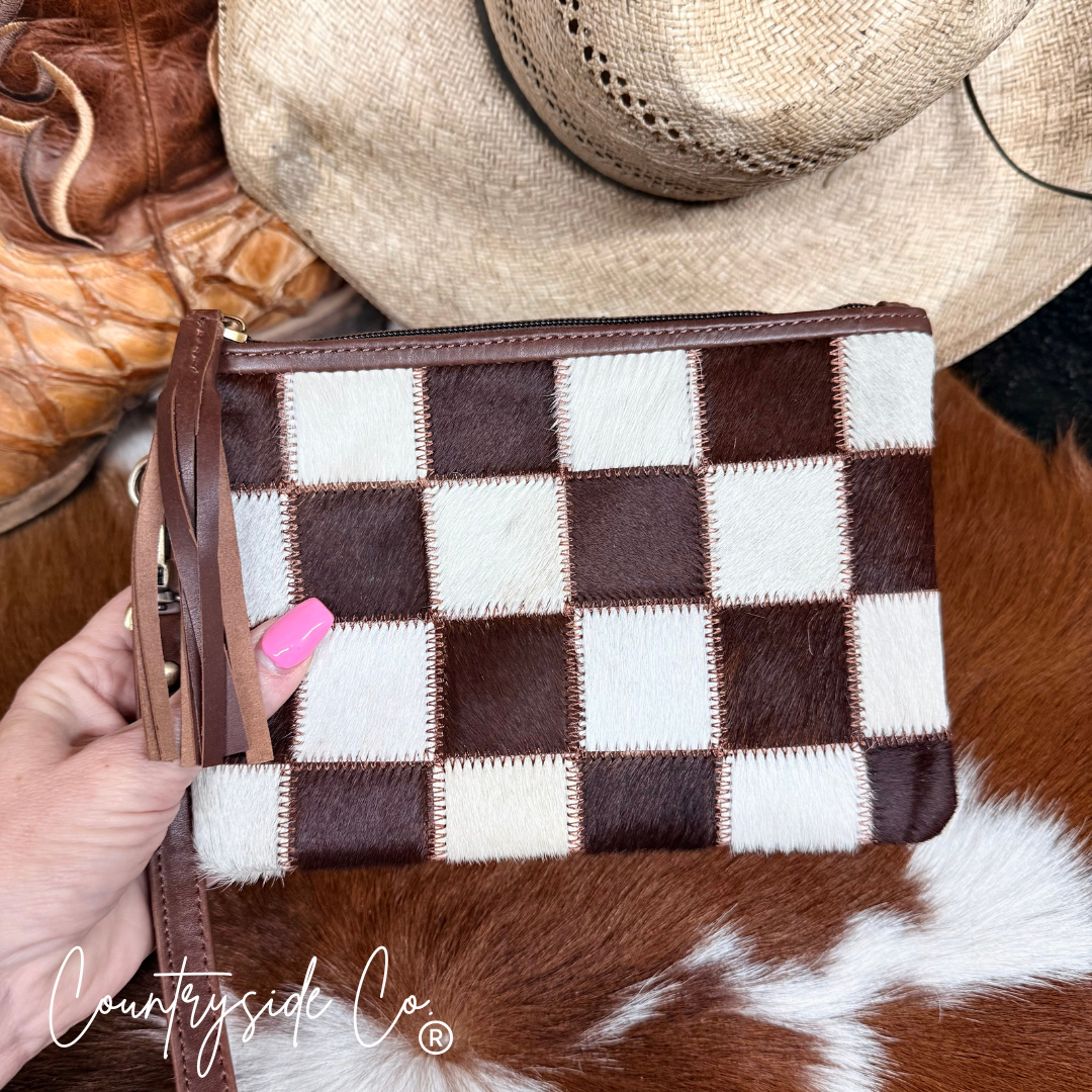 Josie Checkered Cowhide Wristlet Pouch