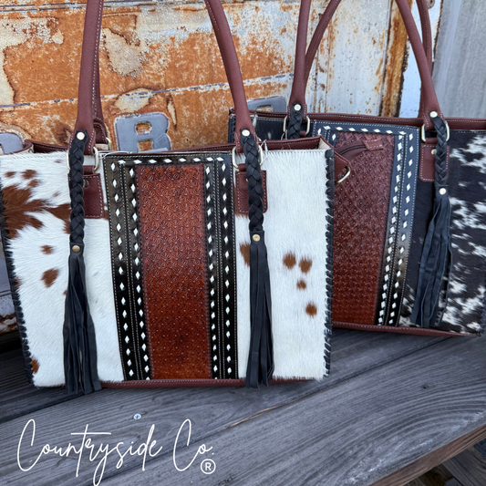 tooled leather and cowhide purse