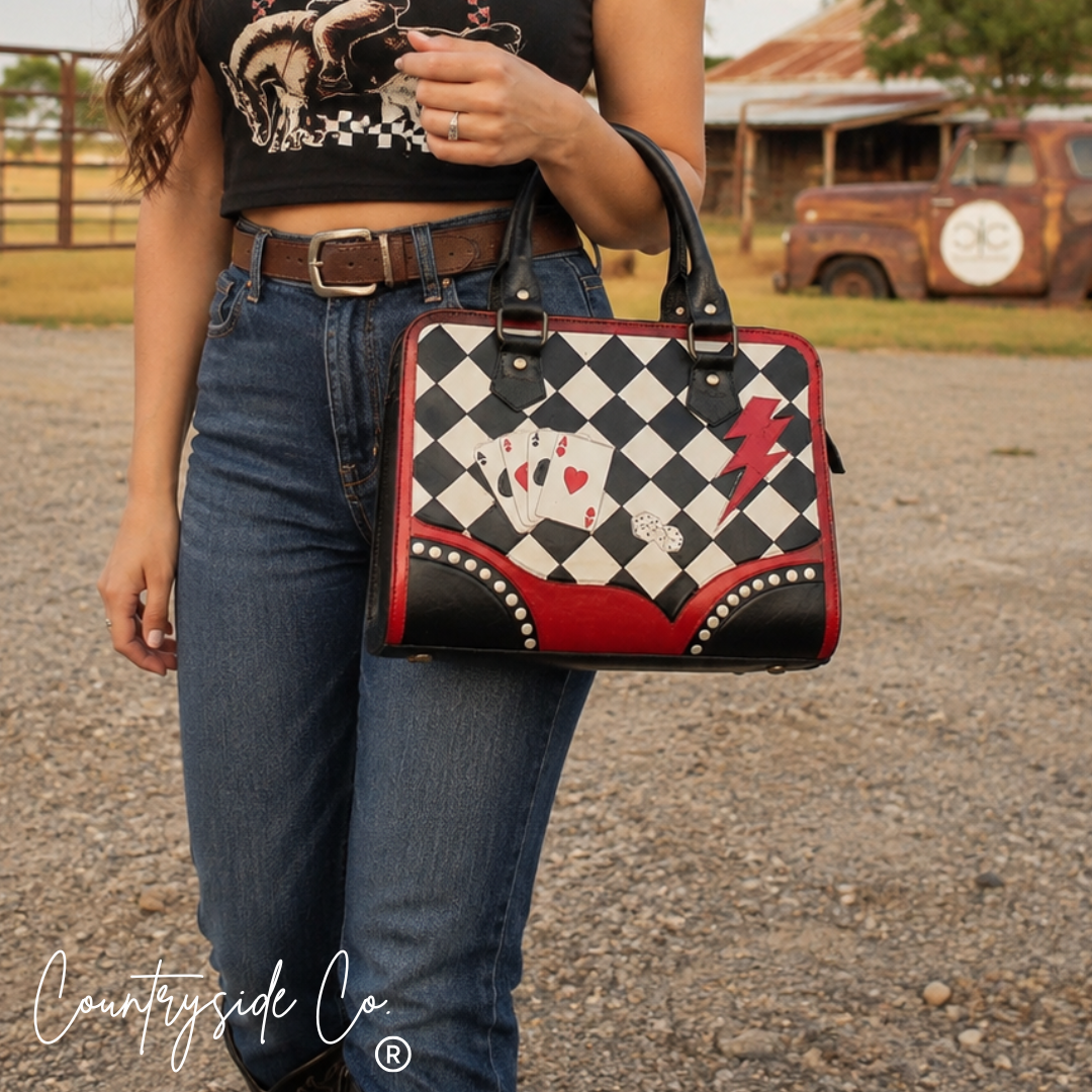 Rebel Royal Tooled Leather Checkered Satchel Handbag