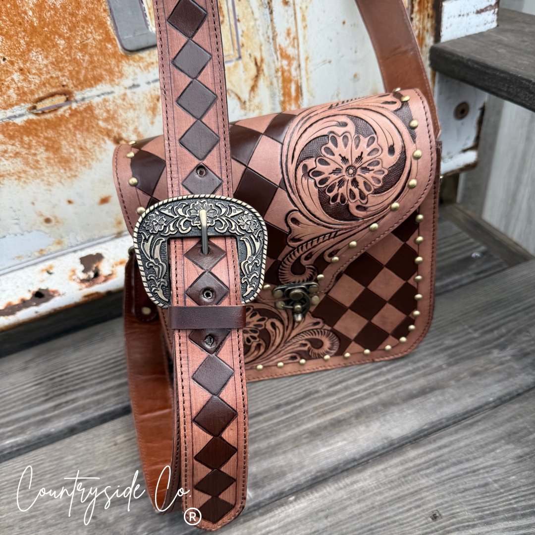 Remington Tooled Leather Checkered Handbag