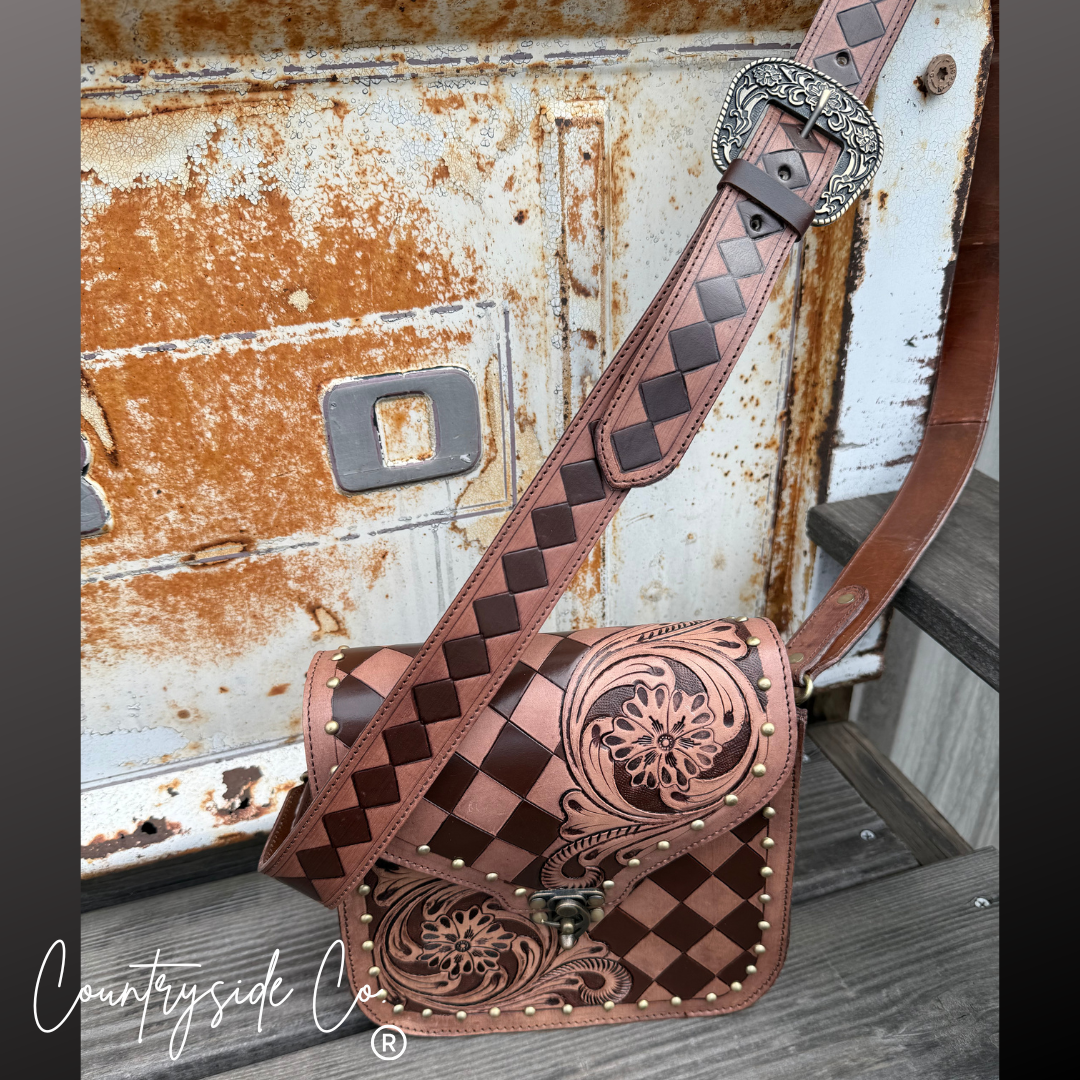 Remington Tooled Leather Checkered Handbag
