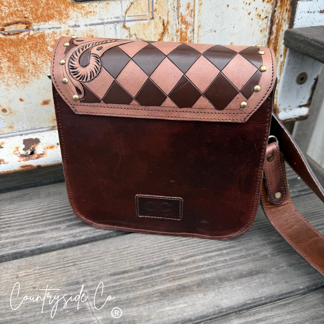Remington Tooled Leather Checkered Handbag