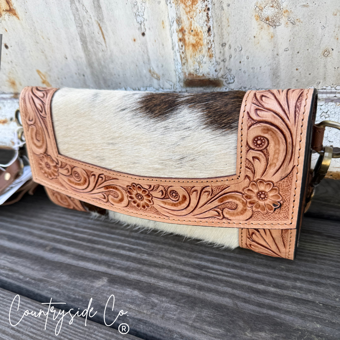Cowhide Tooled Leather Wallet Wristlet Crossbody