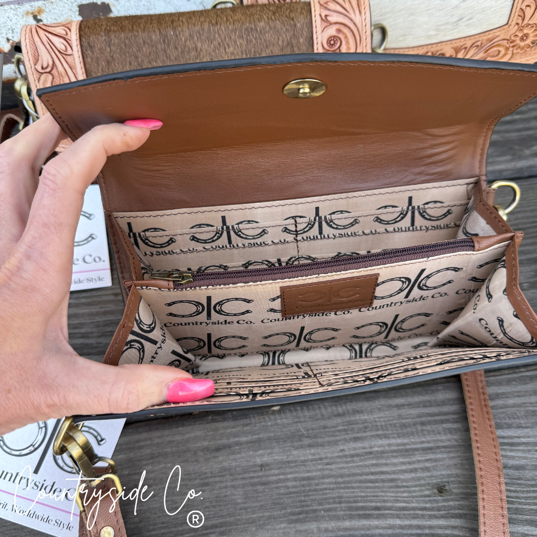 Cowhide Tooled Leather Wallet Wristlet Crossbody