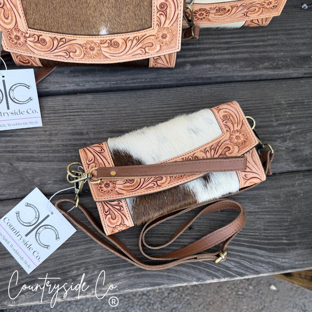 Cowhide Tooled Leather Wallet Wristlet Crossbody