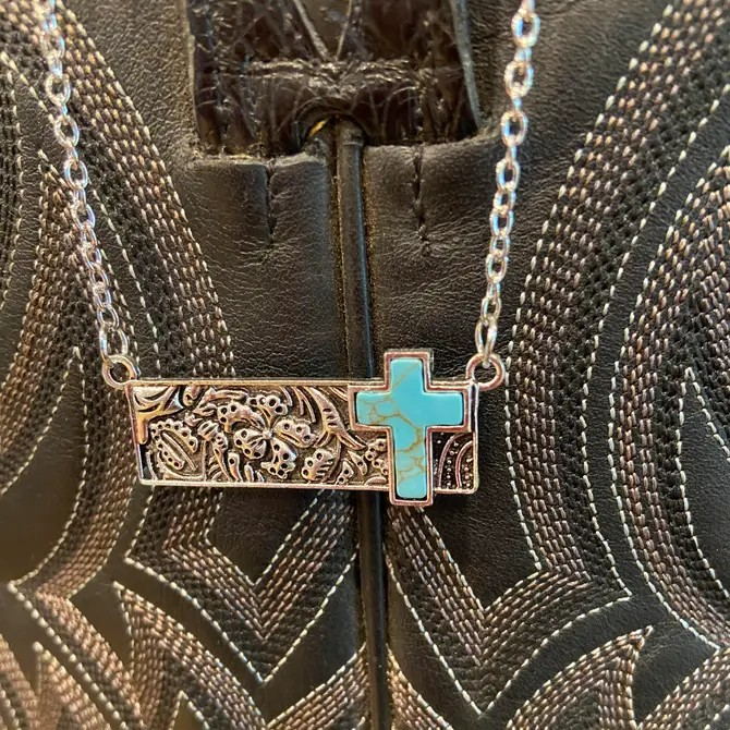 Tooled Bar Silver Necklace with Turquoise Cross BLACK FRIDAY SALE