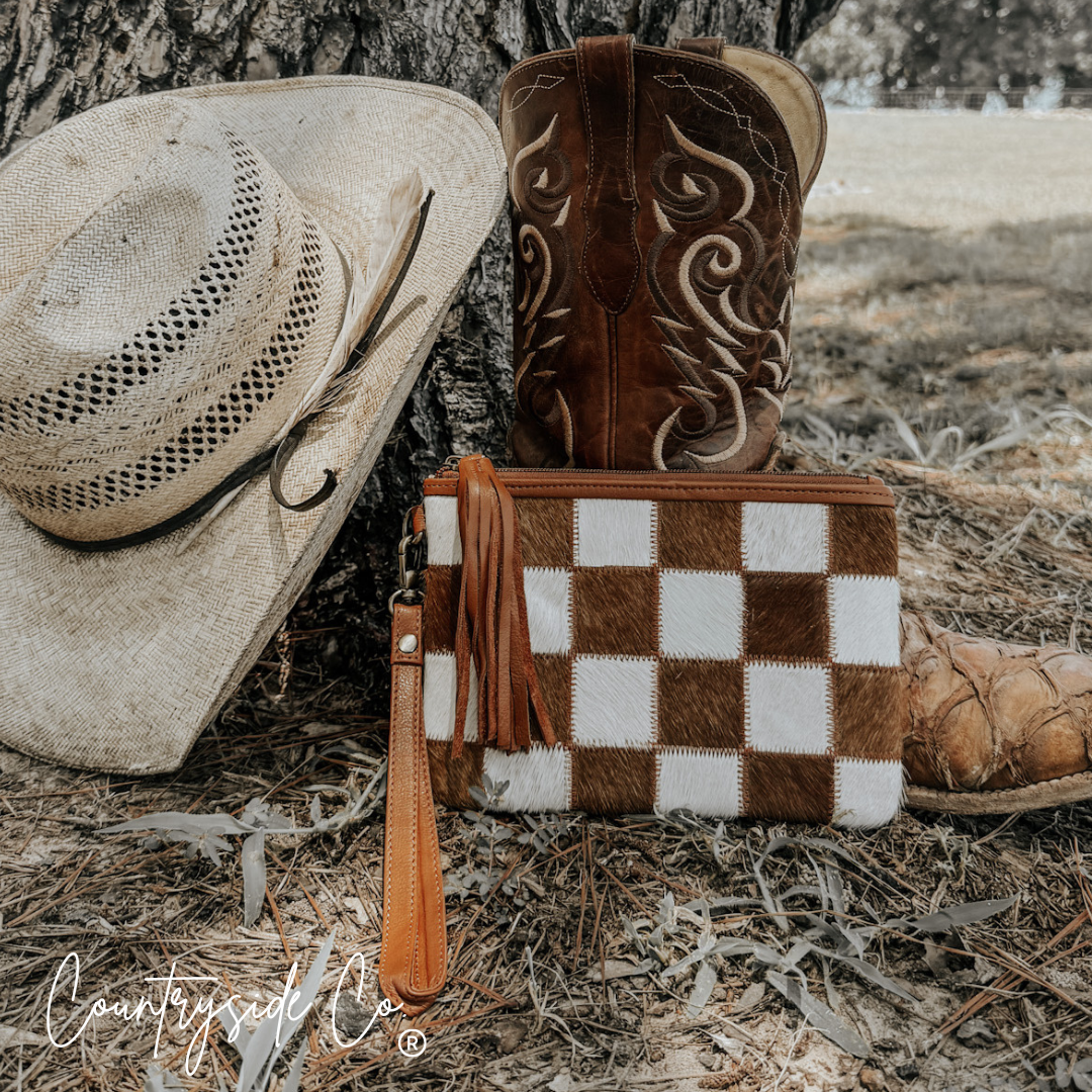leather checkered wristlet