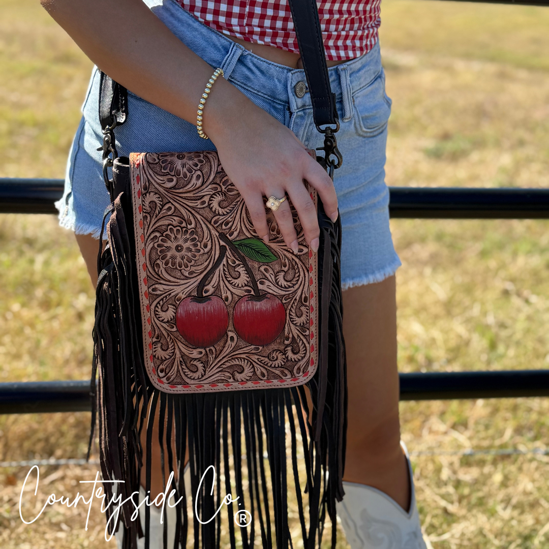 Leather purse hand painted cherry