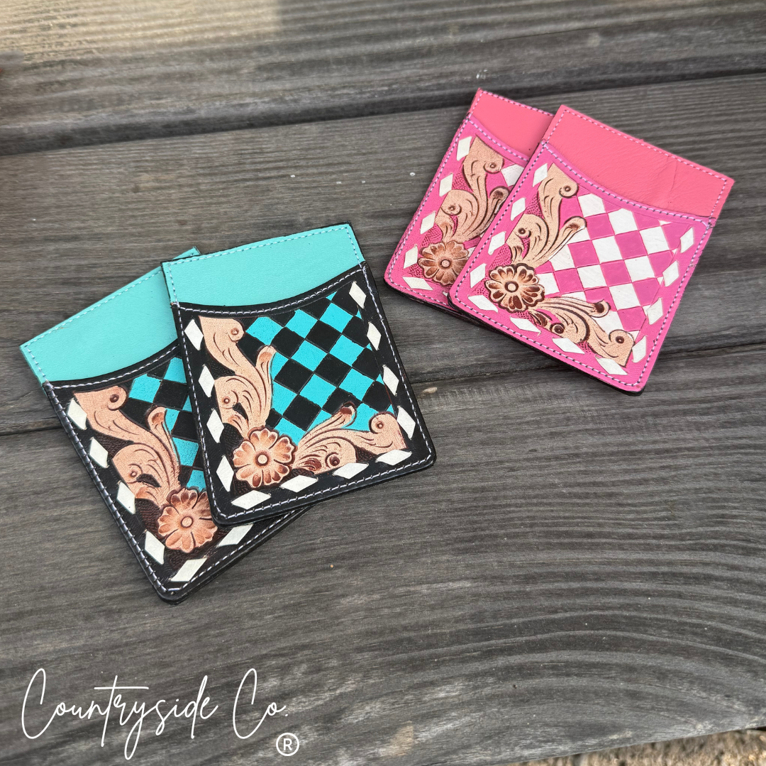 Belle Checkered Tooled Leather Credit Card Holder