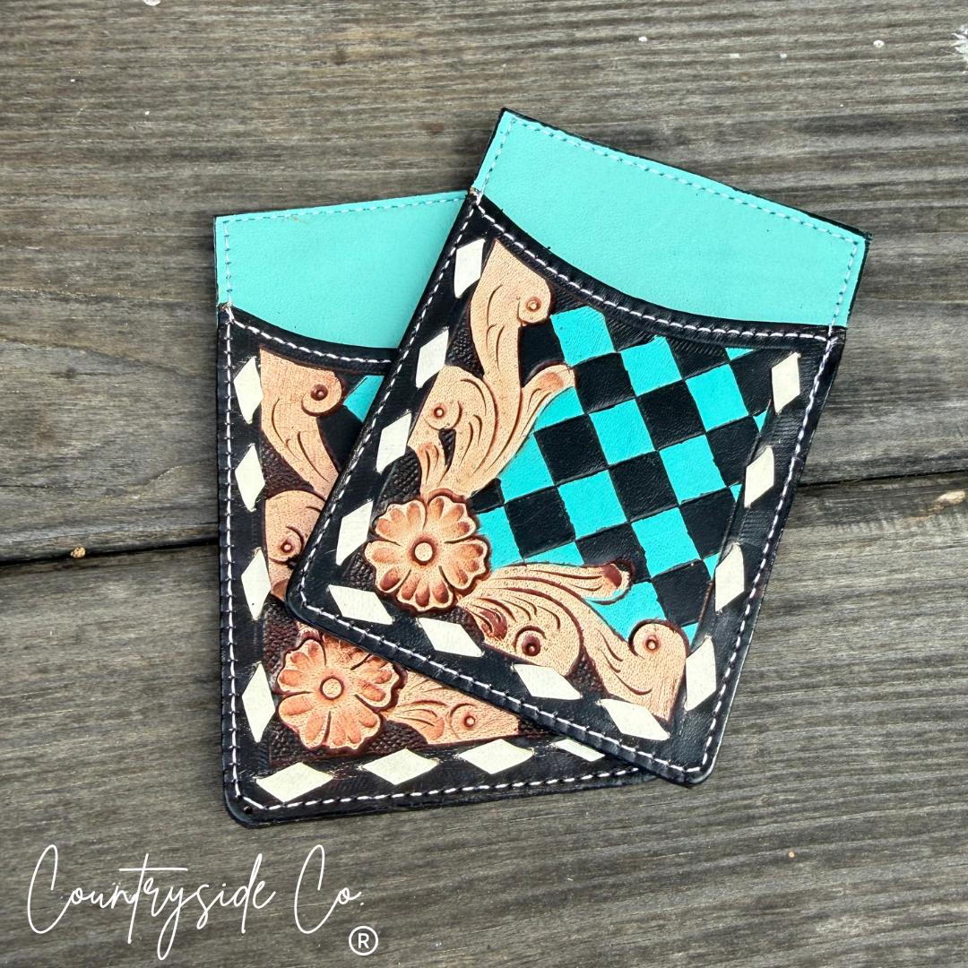 Belle Checkered Tooled Leather Credit Card Holder