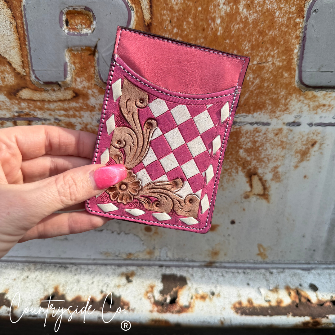 Belle Checkered Tooled Leather Credit Card Holder