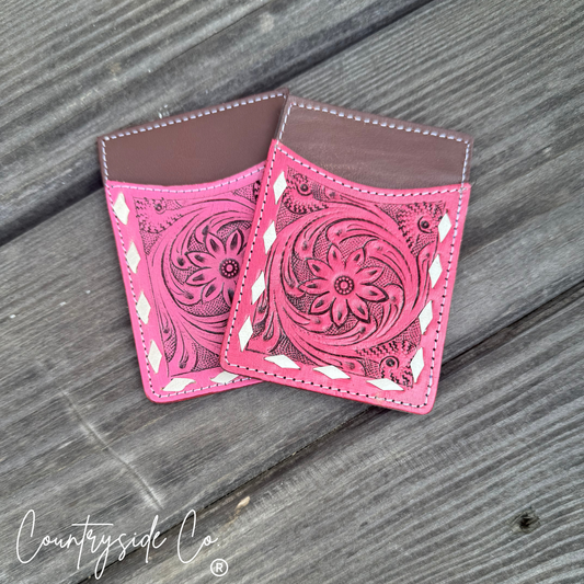 Pink Tooled Leather Credit Card Holder