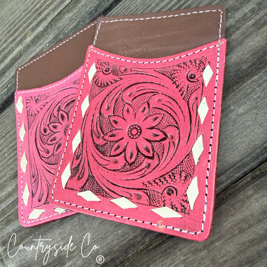 Pink Tooled Leather Credit Card Holder