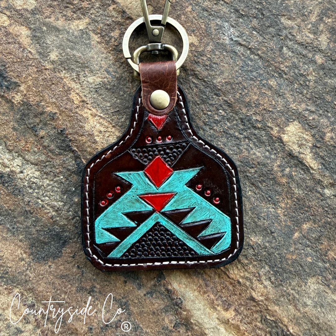Cowtag Tooled Leather Keychain