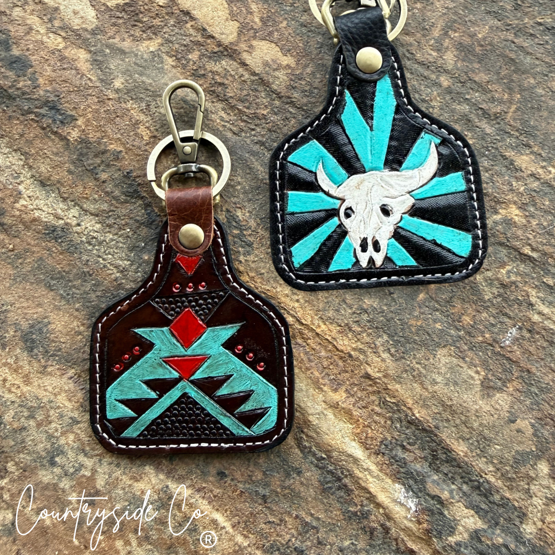 Cowtag Tooled Leather Keychain