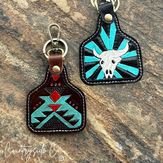 Cowtag Tooled Leather Keychain