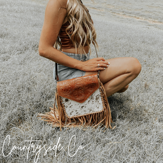 Copper Canyon Tooled Leather Cowhide Fringe Purse by Countryside Co.