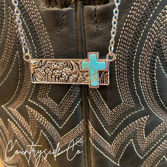 Turquoise Cross Tooled Bar Silver Necklace