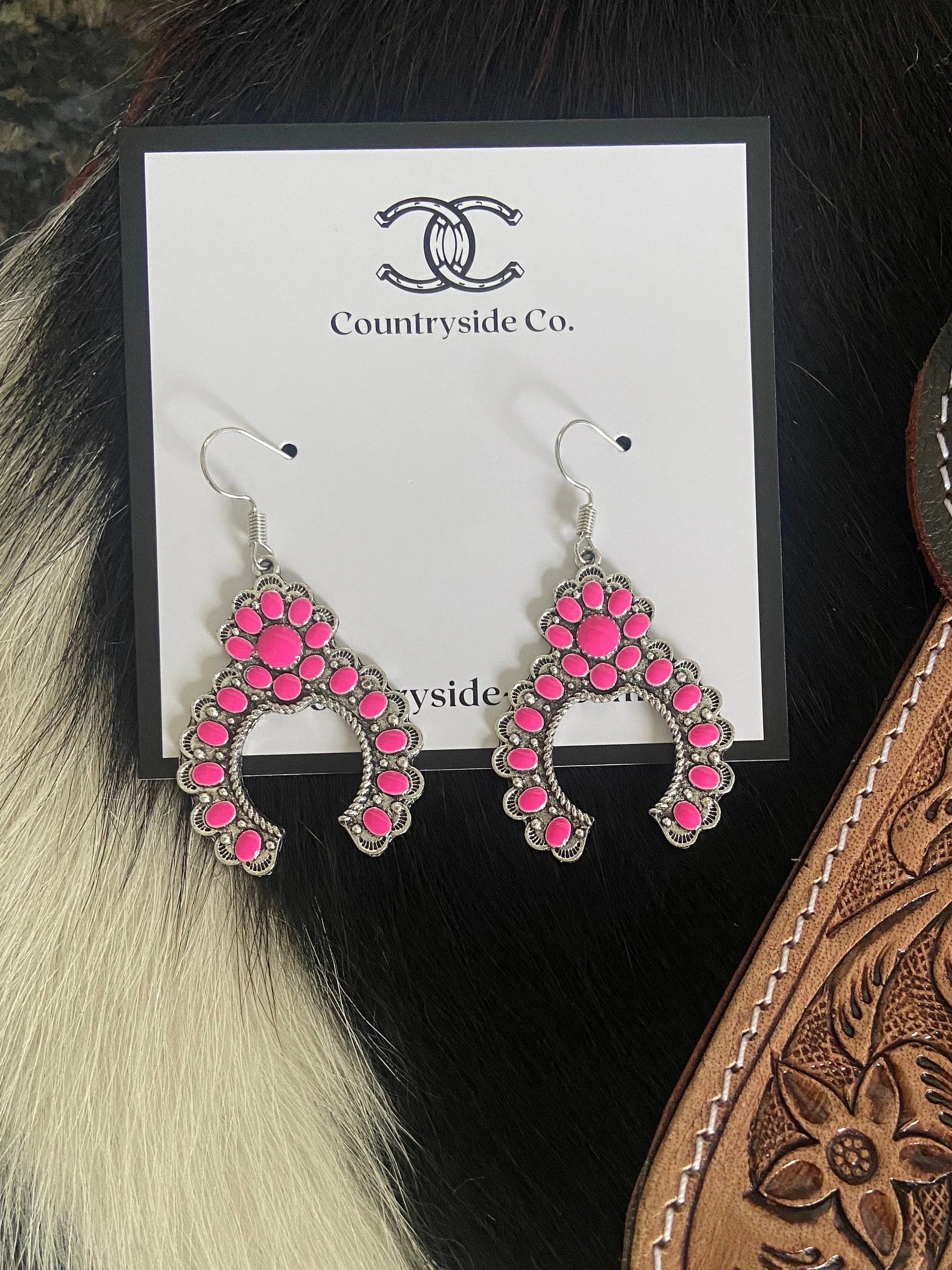 Boho pink silver dangle earrings