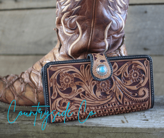 Western cowhide tooled leather wallet