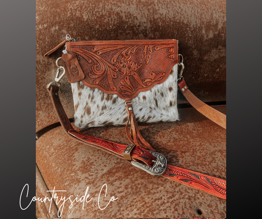 Western cowhide tooled leather buckle crossbody clutch purse