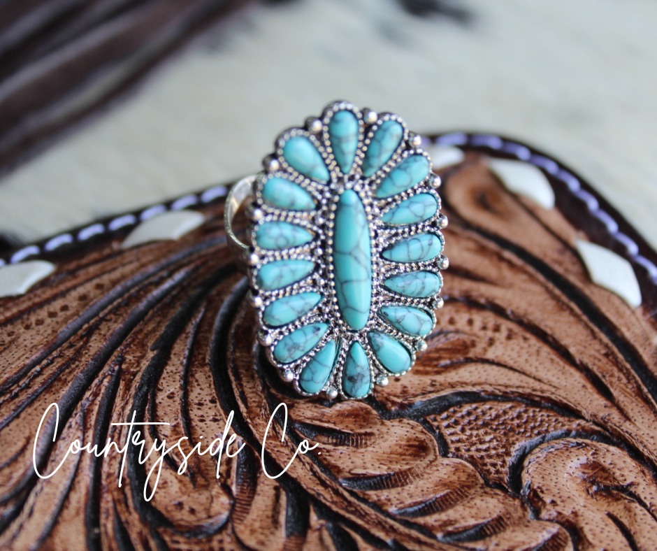 Western boho faux turquoise silver ring